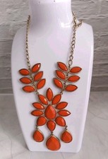 Gold Tone Statement Necklace Burnt Orange Flowers 22ins Preloved VGC