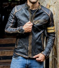 Vintage Distressed Coffee Racer Black Biker Leather Jacket For Men