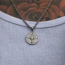 Silver North Star Compass Mens Necklace, Silver Pendant Necklace For Men, Travel