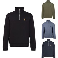 Belstaff Mens Designer Half Zip Cotton Fleece Collar Sweatshirt Overhead Patch