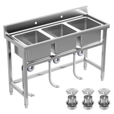 3 Compartment Stainless Steel Sink, Triple Bowl Sink Kitchen Bar,51"x19.7"x31.5"