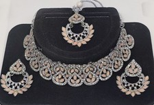 Peach Indian bollywood bridal Necklace tikka earring jewellery kundan set