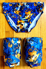 Mens Pro Wrestling Gear Set Blue Orange Marble Trunks w/ Knee Pads Covers Large