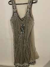 Vintage Gold Caramel Beige Jewelled Flapper Dress by Rose – Size 14 – Excellent