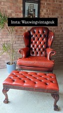 Oxblood Red Leather Chesterfield Armchair & Footstool Library Club Chair Vintage
