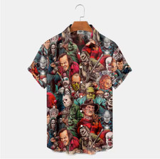 Mens Button Down Shirts Horror Pattern Printed Hawaiian Tops Novelty Ugly Gift