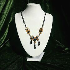 Vintage Art Deco Czech Jet Glass StatementNecklace Gold Tone Floral Dangle Drop 
