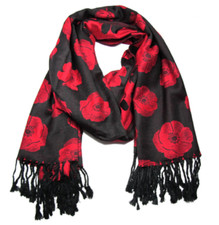 Red Poppy Scarf Poppies Black Blue Woven Pattern Print Large Pashmina Wrap New