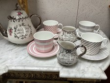 Silver Anniversary  Tea set Stripe Cups And Saucer Pink And White Silver White