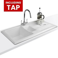 Astini Canterbury 150 1.5 Bowl Gloss White Ceramic Kitchen Sink, Waste & Tap