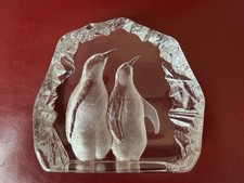 Mats Jonasson Målerås Crystal Sculpture – “Penguins” – Signed– Swedish Art Glass