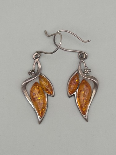 Amber silver earrings leaf - amber,