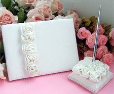 IVORY WEDDING GUEST BOOK & WEDDING PEN SET WITH ROSE FLOWERS BOXED
