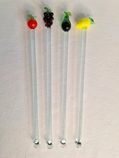 Vintage Glass Swizzle Sticks Set of 4 - Fruit Barware Cocktail Stirrers Reusable