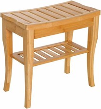 Slatted Bamboo Shower Bench Storage Seat Stool w/ Shelf Safe Comfortable Bath