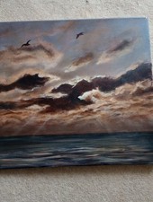 Orig Oil Painting Artist Signed Seascape Sunset 60x40cm Unframed Oil on Canvas