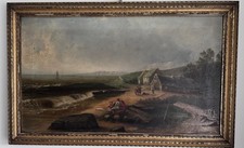 Antique oil painting seascape and figures near shore framed 83/52 cm