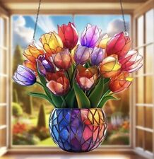 Tulips Vase Colourful Suncatcher Stained Glass Effect Home Decor Gift Seasonal