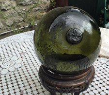 Antique German Green Glass Fishing Float By Heye & Oriental Stand.