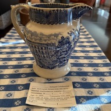 Antique 1830s Staffordshire Blue And White Buckingham Palace Transfer Pitcher