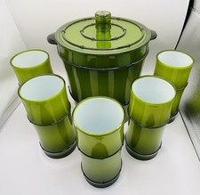 Retro Plastic Chinese Cased Bamboo Ice Bucket & Five Matching Bamboo Tumblers