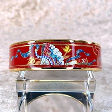Vintage Hermes Bangle Bracelet Oriental Red Enamel Hand Fan Gold Rim 70