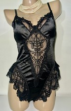 Vtg Style Frilly Lace 2nd Skin Satin Teddy Bodysuit Sissy Black Lingerie XL NEW