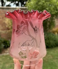 Victorian Glass Oil Lamp Shade Cranberry Acid Etched 2.75" Fitter 13.5cm Tall