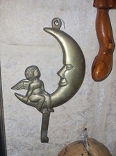 Brass Moon Crescent Angel Cherub Vintage Wall Hanger 