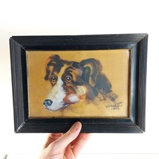 1920s Antique Oil Painting of Collie Dog Portrait , Signed, Hungary, Europe