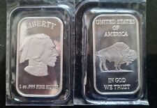 1oz .999 Fine Silver Liberty Native American Head / Buffalo Bar USA