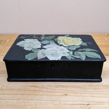 Antique Artists Paint Box Papier Mache Lacquer Jewellery Roses Laquerware Vtg