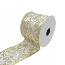 CHRISTMAS FABRIC WIRED EDGE RIBBON SWIRLS IVORY/GOLD Party  63mm x 1m, 3m or 9m