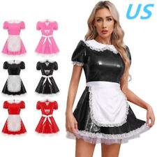 Women French Maid Cosplay Costume PVC Leather A-line Dress With Apron Outfit