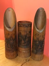 016e 3 x Vintage Chinese Bamboo Wall Pocket Hanging and Free Standing Holders