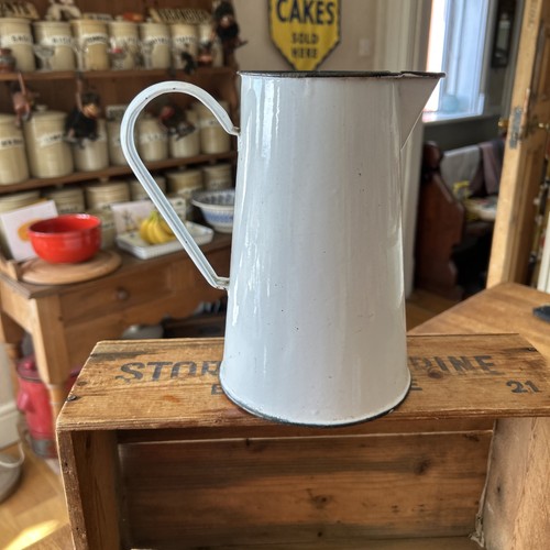 Vintage tall white enamel jug - enamel,