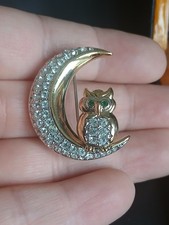 Vintage Signed BJ Beatrix Jewelry Owl Moon Rhinestone Brooch Goldtone Gift