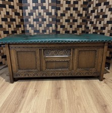 Wood Bros Old Charm Oak Blanket/log/toy Chest Coffer With Green Leather Stud Top