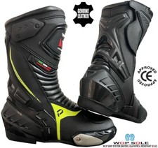 Mens Black & Hiviz CE Motorbike / Motorcycle Racing Sports Leather Shoes / Boots