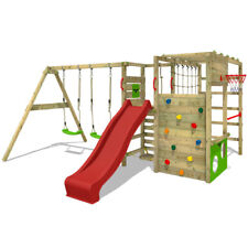 Wooden climbing frame FATMOOSE ActionArena - Swing set with red slide