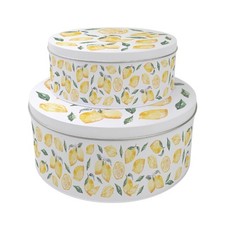 Set of 2 Lemons Cake Tins - Fruit & Flowers Round Metal Storage Gifts for Baking