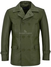 Men's Cowhide Real Leather Coat Khaki WW2 Inspired Double Breasted Style Dr Who