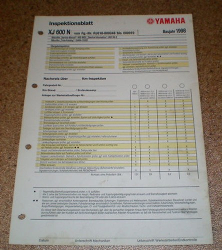 Inspection sheet yamaha 600 - xj,