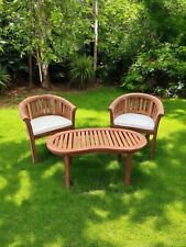 Teak Banana Curved Garden Bench Set With Coffee Table Three Piece Outdoor