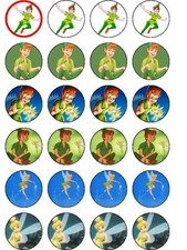 24 X PRE CUT PETER PAN TINKERBELL PARTY / BIRTHDAY WAFER PAPER CUP CAKE TOPPERS