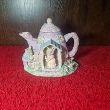 Small Vintage Mouse Cottage Teapot Ornament – Lavender Hand-Painted Miniature...