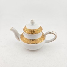 Miniature China Teapot – White & Gold Scroll Design, Vintage Decorative Ornament