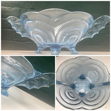 Vintage Walther Sohne Art Deco Blue Glass Essex Bowl/Bat Wing Handles Rare 1930s