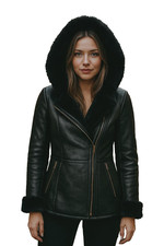 Women’s Shearling Leather Jacket Hooded - Genuine Sheepskin Winter fur Coat Warm