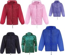 Kids Plain Kagool Raincoat Hooded Waterproof Jacket Packaway Mac Lightweight